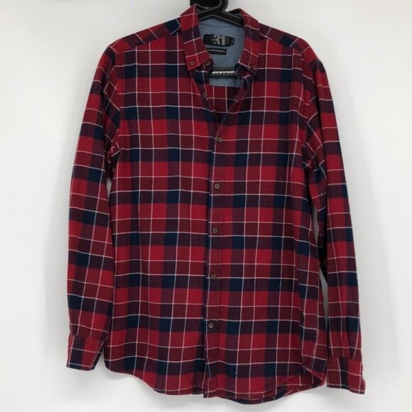 Simons le 31 red navy button down plaid flannel semi fit long sleeve Med - Picture 14 of 14